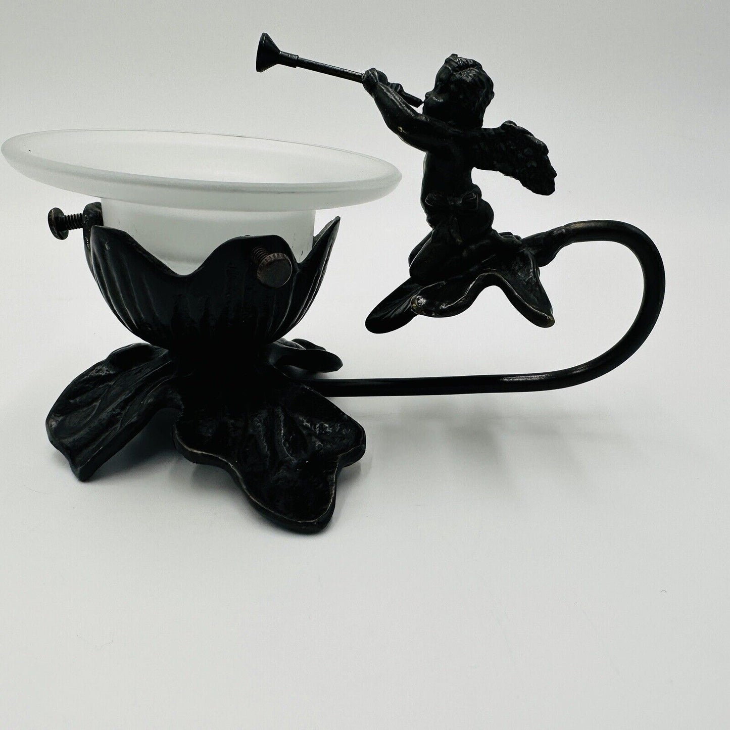 Cherub Candle Holder Lily Lamp Leafs Art Deco Solid Brass Bronze Tone