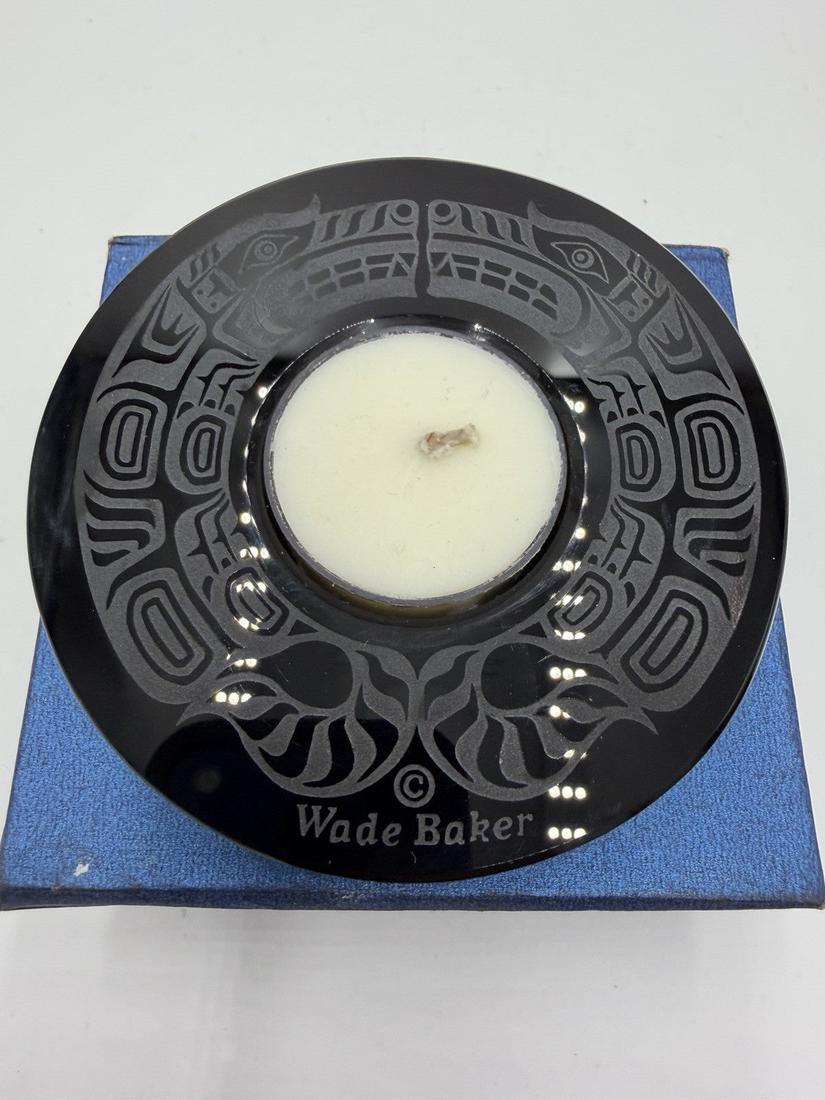 Wade Baker Double Wolf Spirit Etched Black Carved Glass Votive Candle Holder