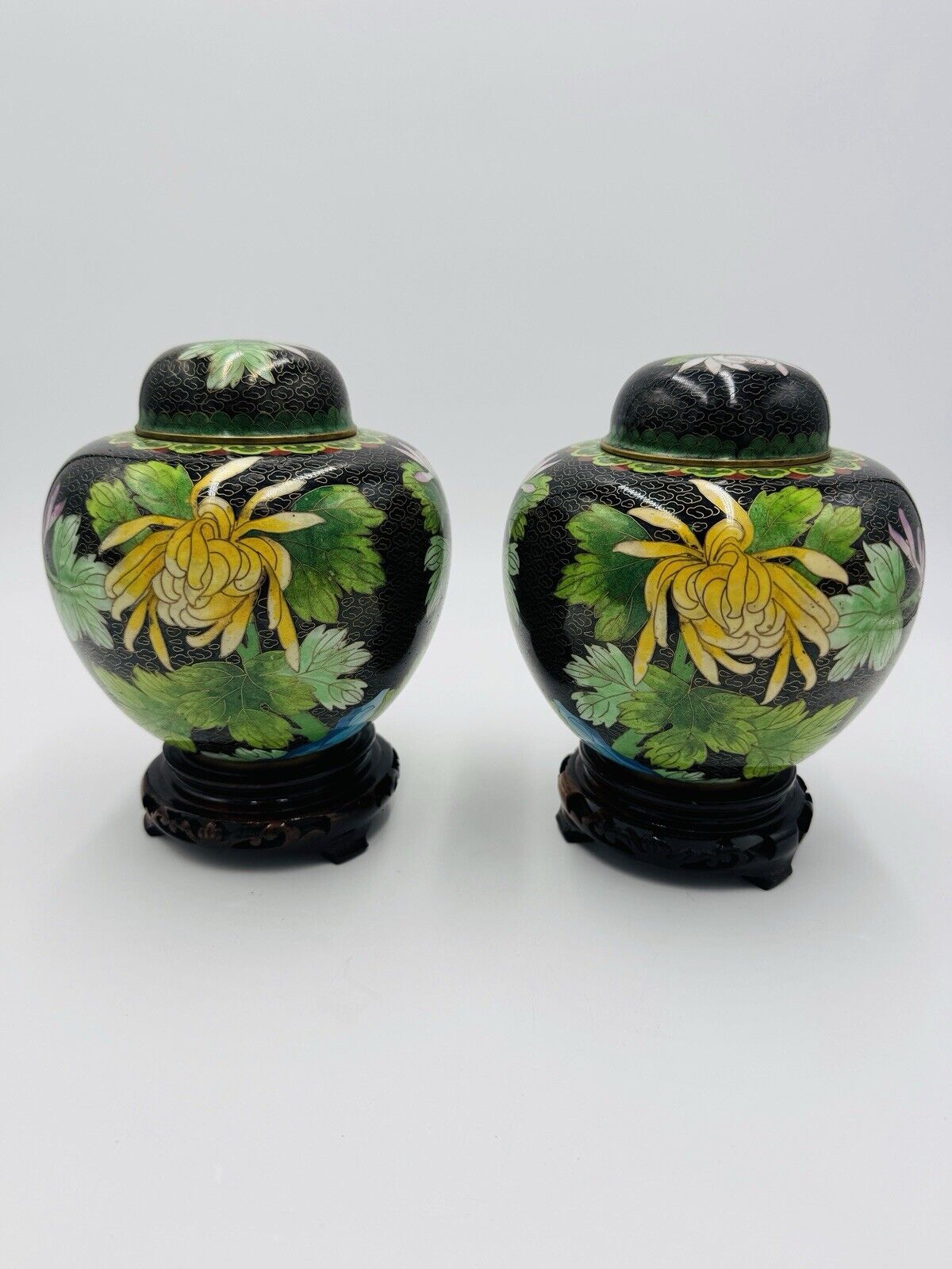 Vintage Cloisonne Brass Enameled Ginger Jar Floral Butterfly Inlay Design 7”