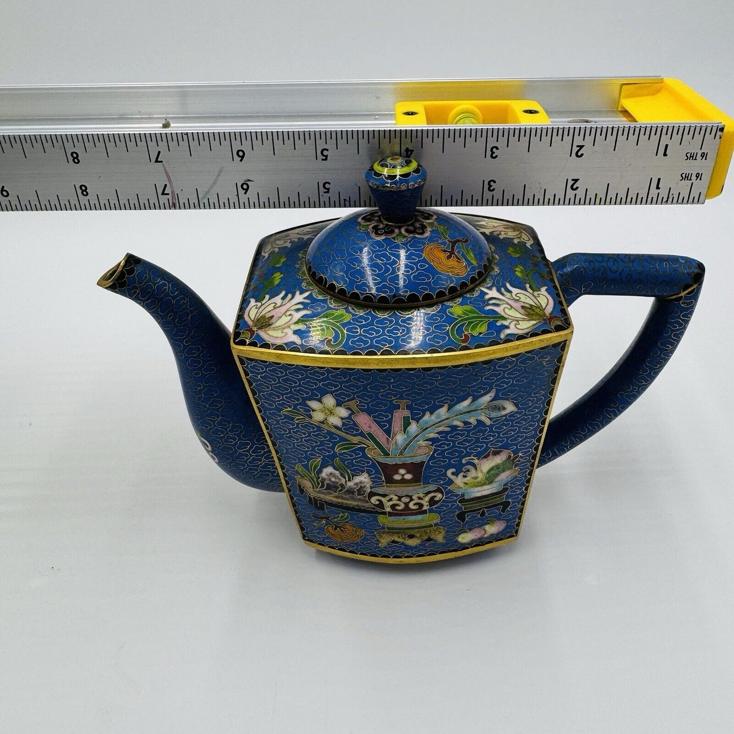 Antique cloisonne enamel teapot 19th C. Qing dynasty Brass Lidded W:7-1/2" H:6"