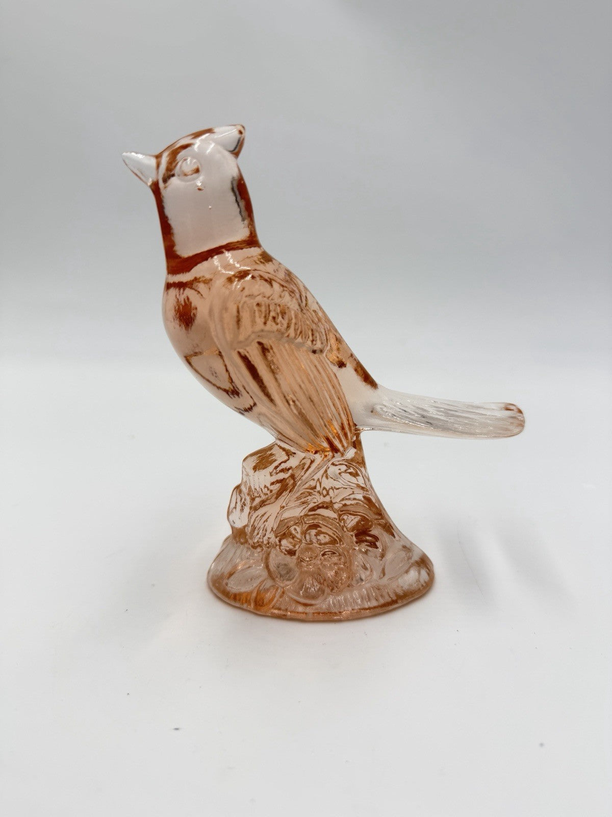 Vintage Mosser Art Glass Peach Frosted Cardinal Bird Figurine 5”H X5”L