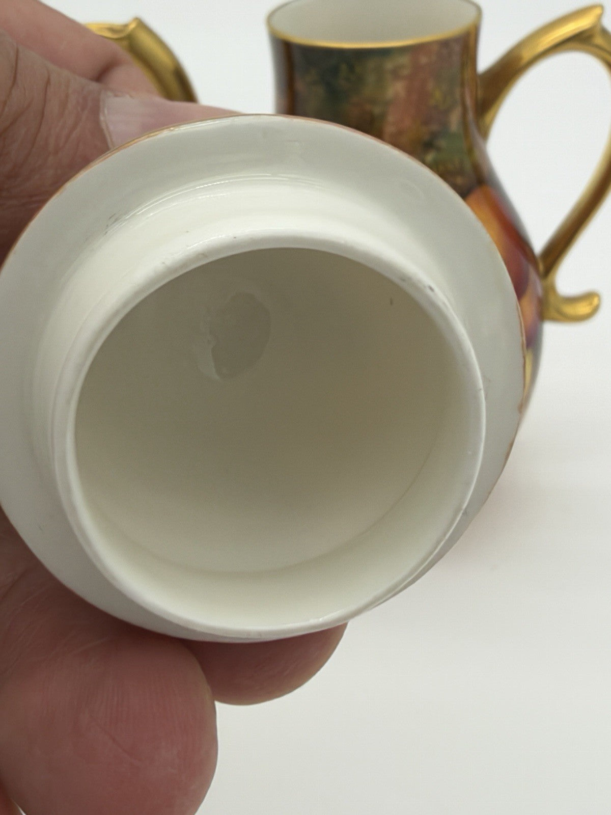 Royal Worcester England Porcelain Hand Painted 5” Teapot Orchard Peaches Gold