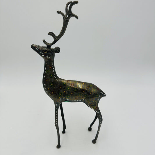 Brass Deer Hand Etched Solid Metal 12in Figurine Stag Vintage Holiday Decor