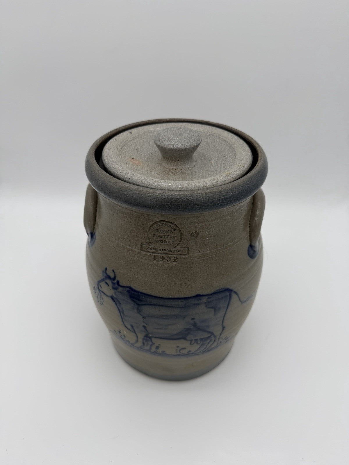 Rowe Pottery Works Lidded Canister Cow Salt Glaze Stoneware 10.75” Gallon 1990