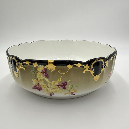 Rare Antique T&V Tressemann & Vogt Limoges  France Bowl Floral Gold Rim Black