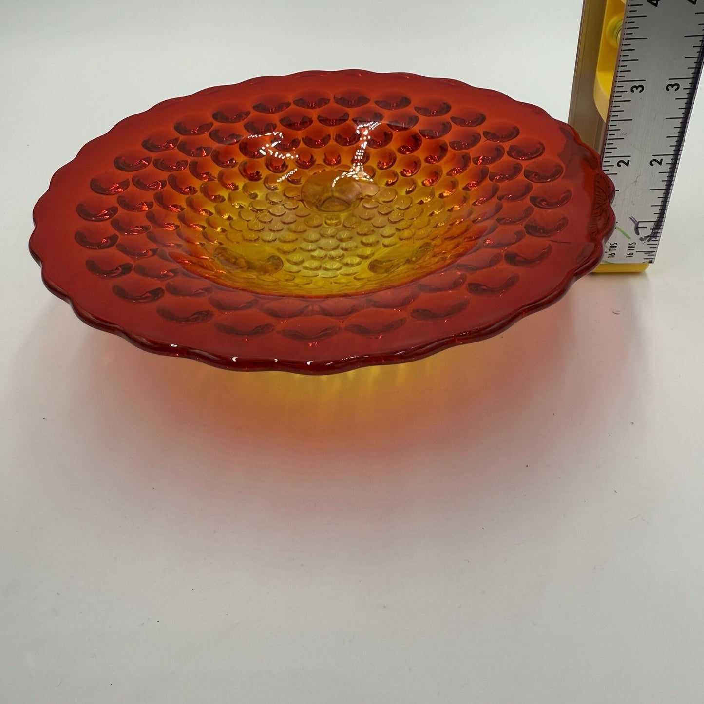 Vintage Fenton Art Glass AMBERINA Hobnail Footed Dish Bowl 7in Red Orange