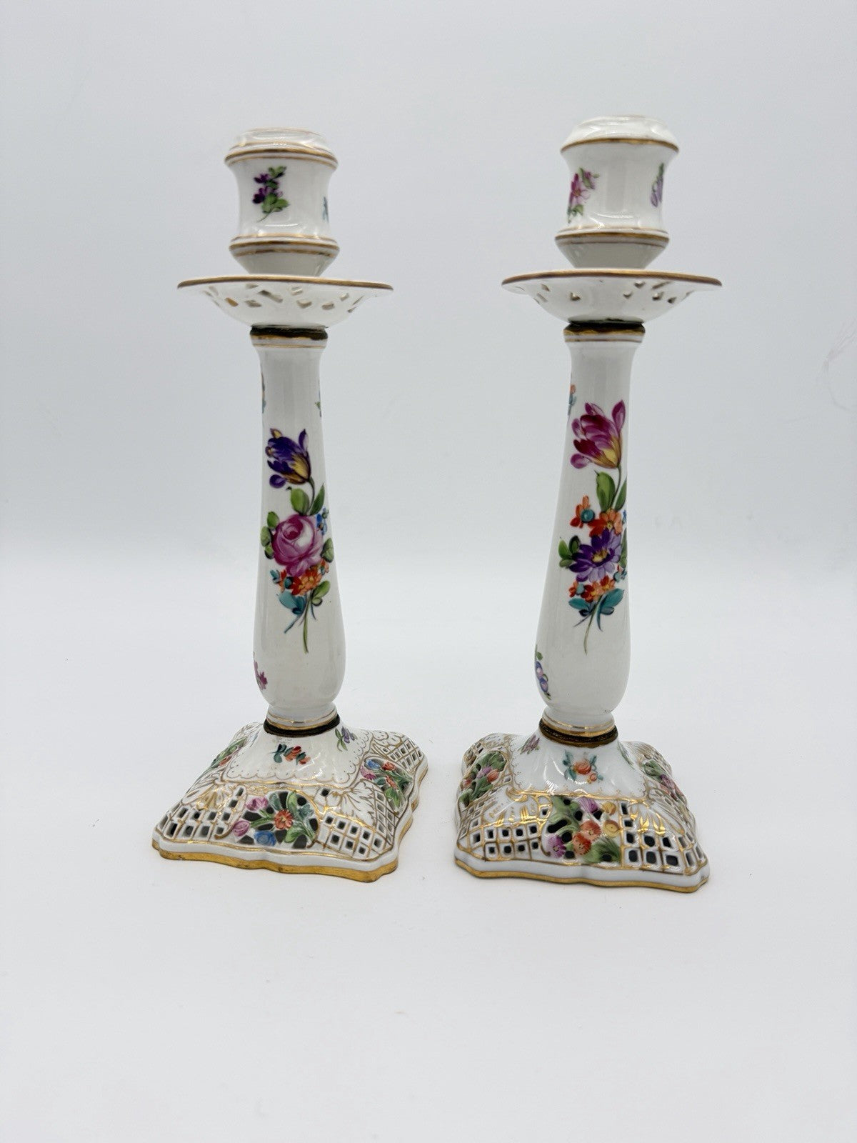 Antique  Dresden Porcelain Carl Thieme Saxony Reticulated 10" Candlestick Floral