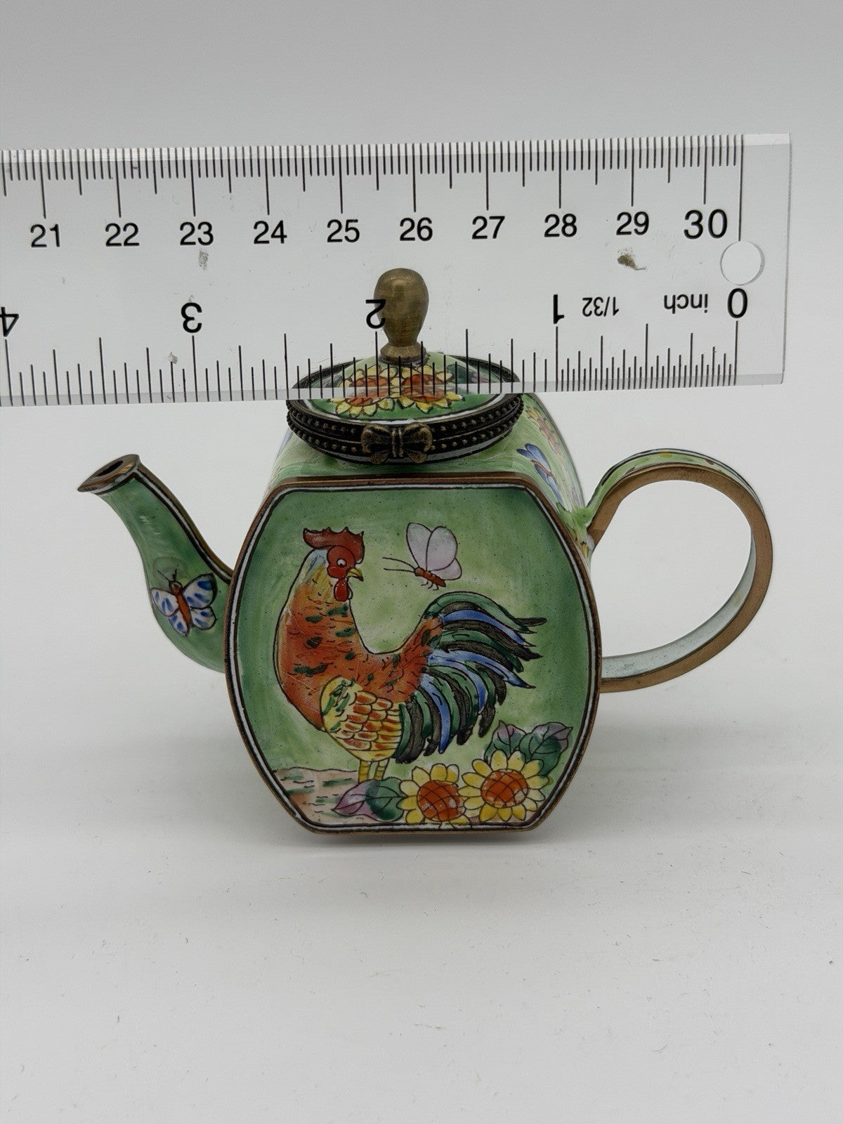 Kelvin Chen Enamel Teapot Trinket Box Rooster Butterflies #2323 Miniature Vtg