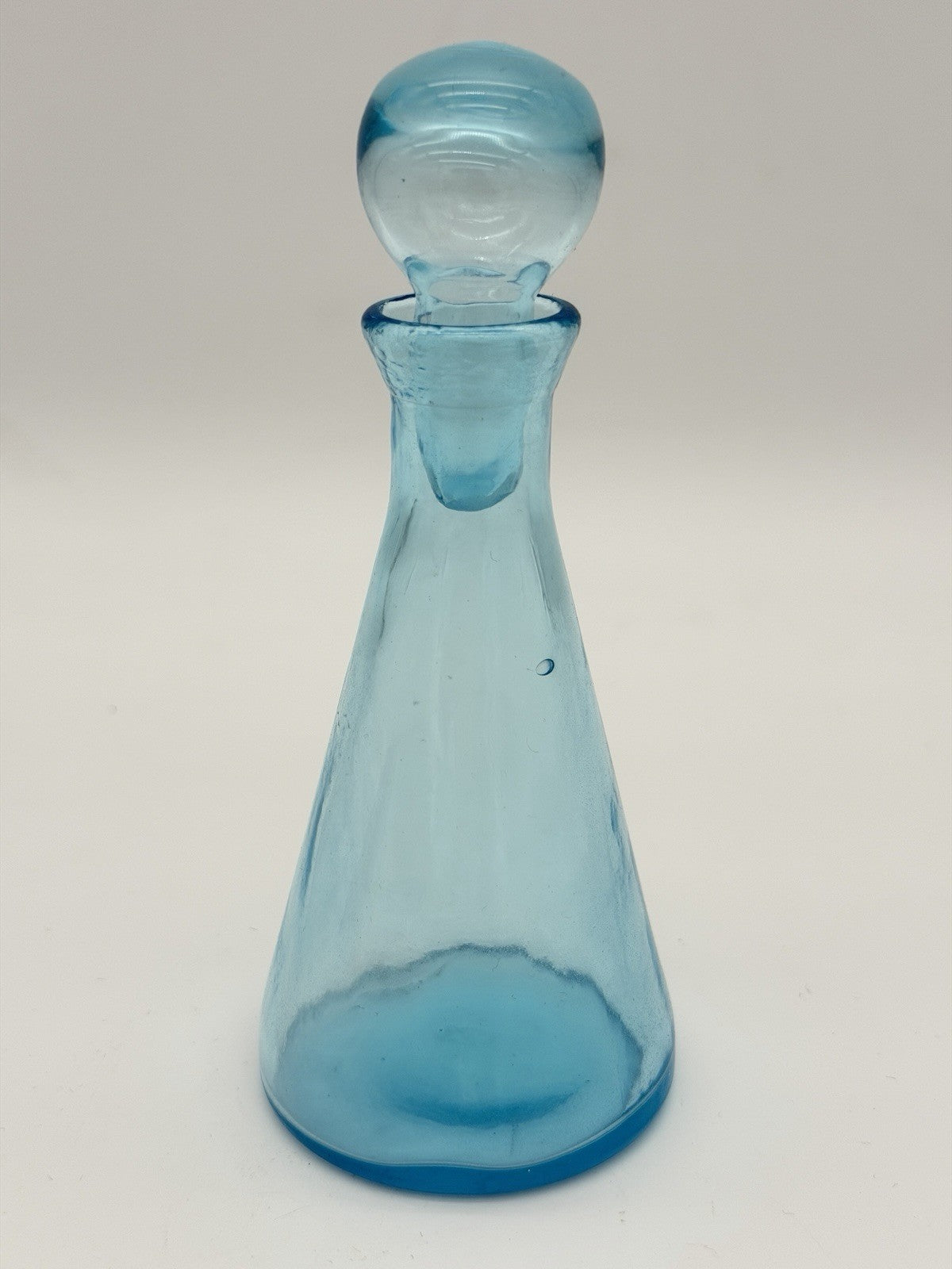 MCM Teal Blue Art Glass Decanter w/Stopper Hand Blown Genie Bottle 6”
