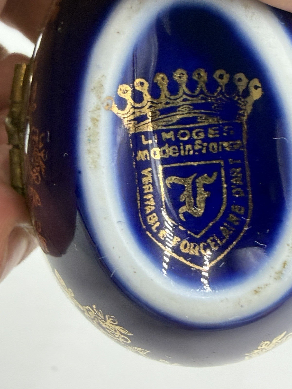 Limoges France Cobalt Blue Gold Courting Couple Porcelain Egg Trinket Box