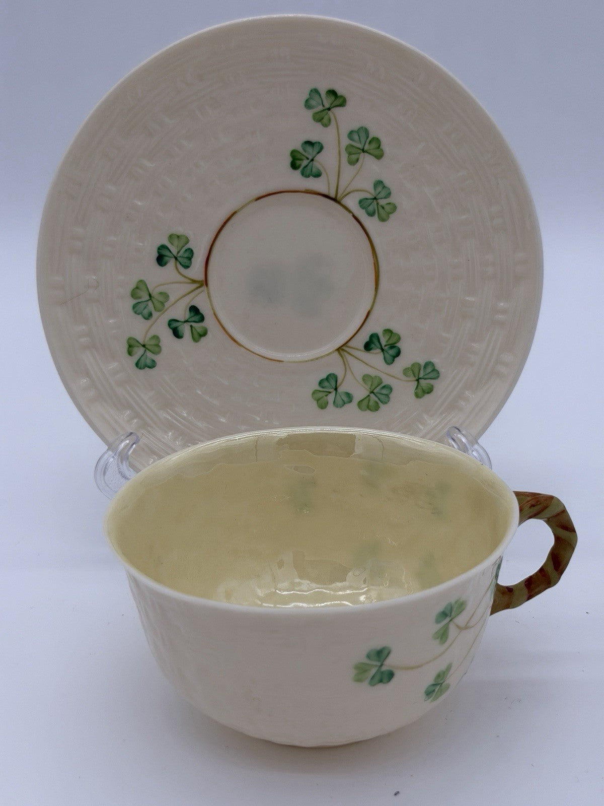 Belleek Ireland Porcelain 2ND GRN/1955 Shamrock Beige Saucer & Teacup Set