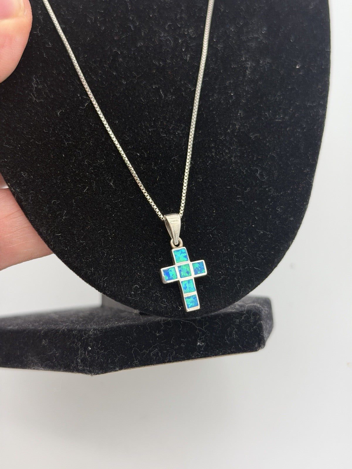 Sterling Silver 925 Sparkly Blue Fire Opal Small Cross Pendant & Necklace 21”