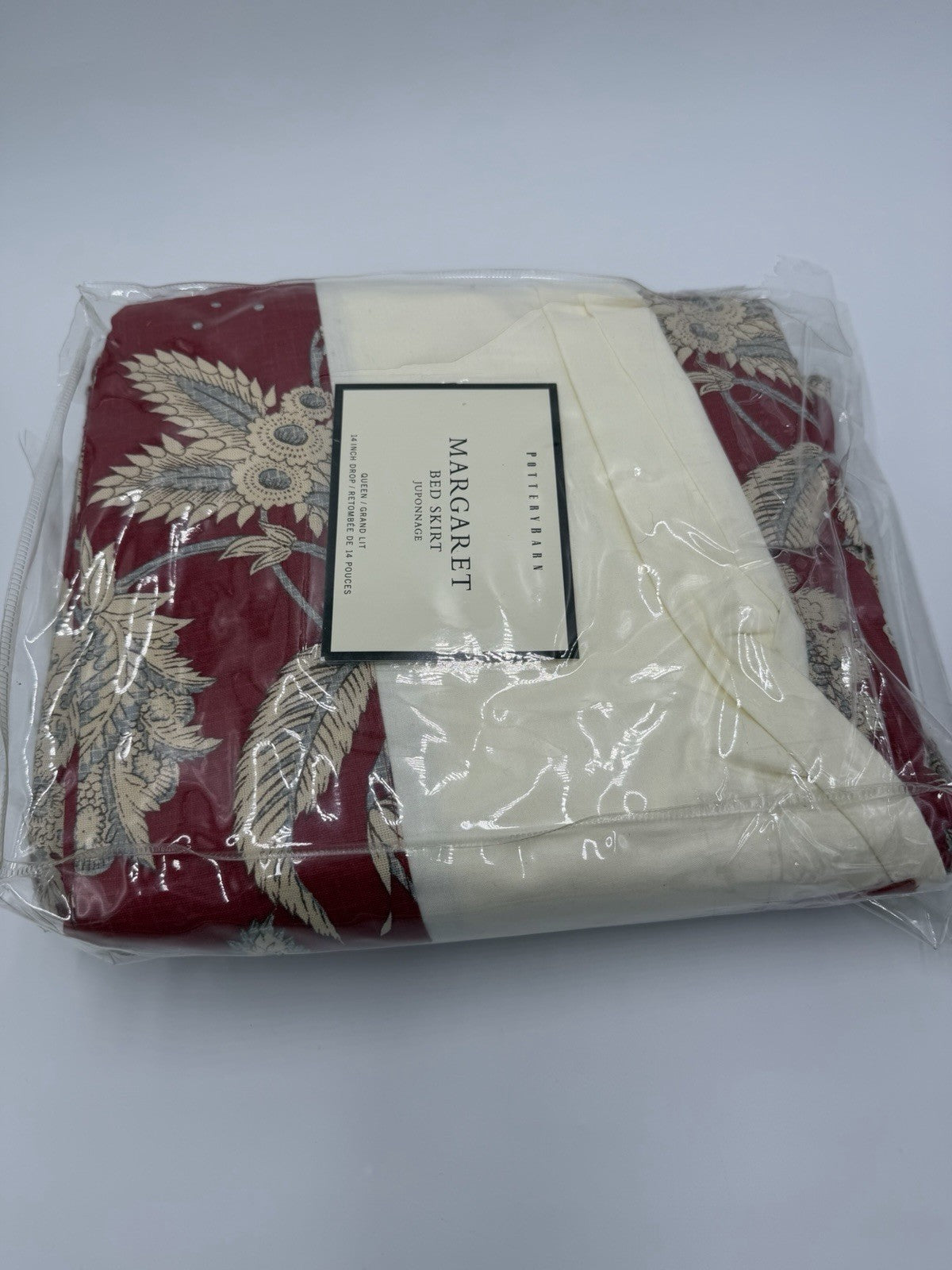 Pottery Barn Margaret bed skirt juponnage Cotton Linen Floral Beige Red Queen
