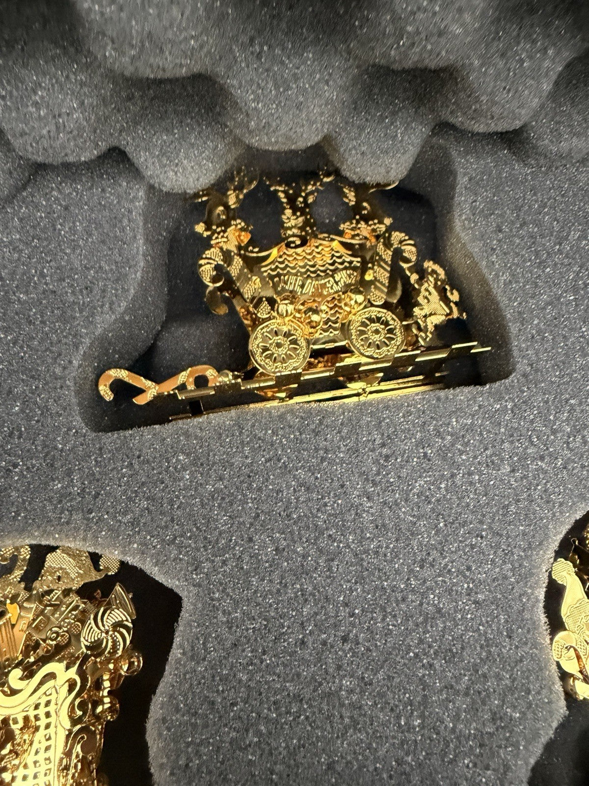 The Danbury Mint Santa’s Gold Christmas Train 24k Gold Finish Complete Wood Base
