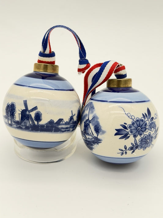 Delft Art Dutch Pottery Blue White Windmill Porcelain Christmas Ball Ornaments