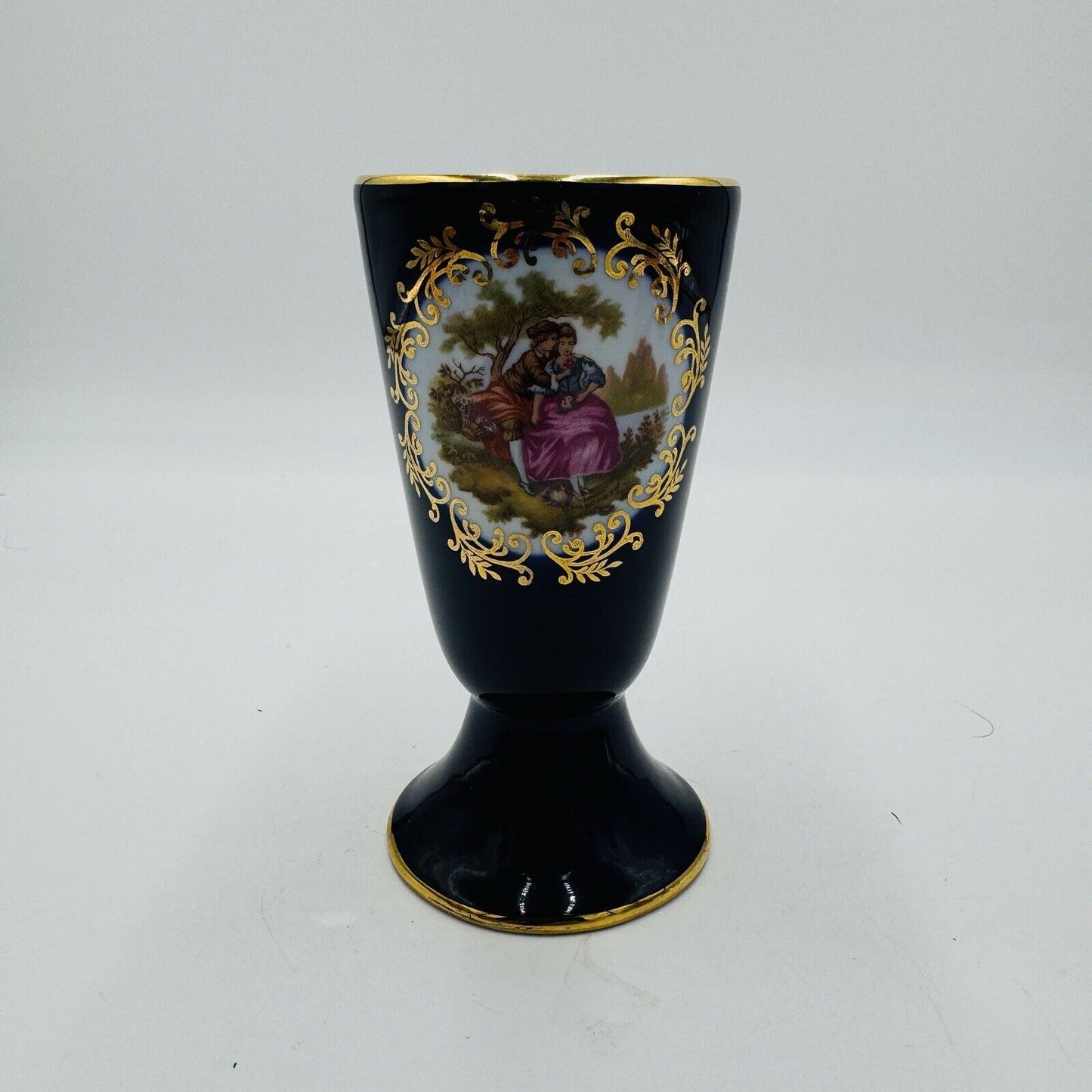 Limoges France Cobalt Blue Goblet /flagon Porcelain Gold Romantic Scene 5” Vase