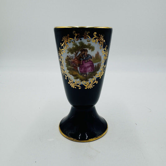 Limoges France Cobalt Blue Goblet /flagon Porcelain Gold Romantic Scene 5” Vase