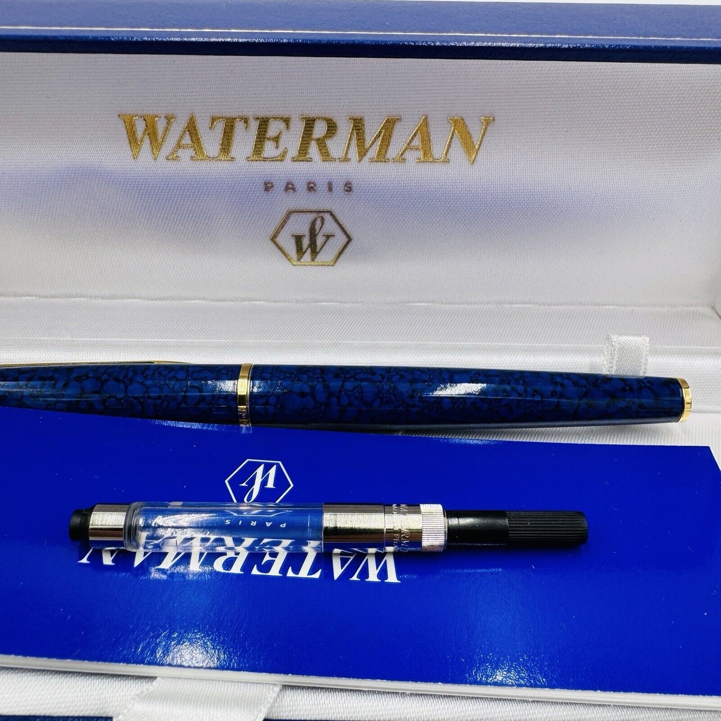 Waterman Paris HEMISPHERE MARBLE BLUE FOUNTAIN PEN VINTAGE BOXED France