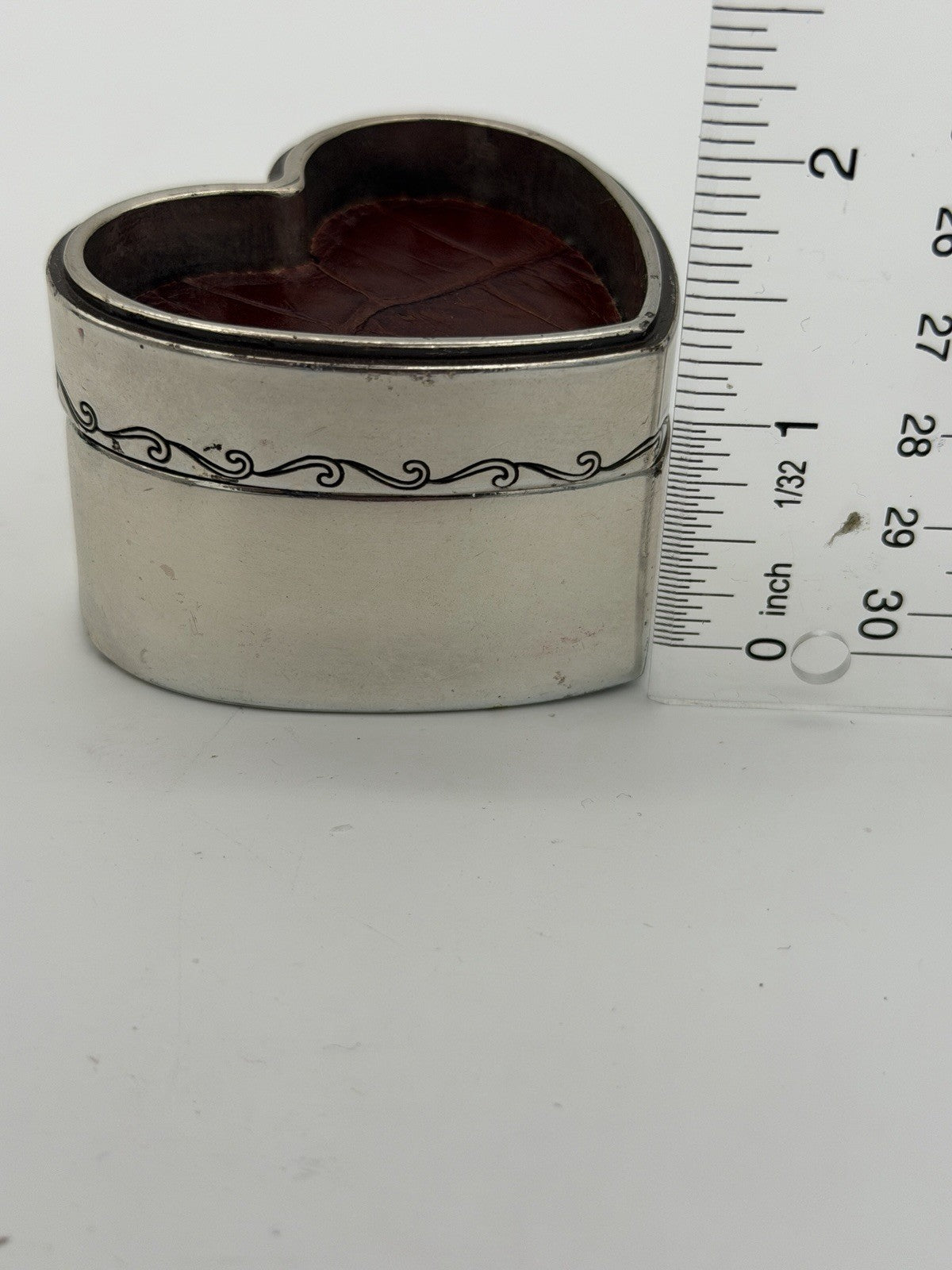 Vintage Brighton Silver Tone Trinket Box Heart Shape Leather Accents Jewelry Box