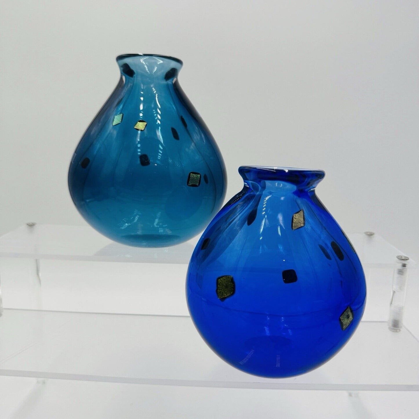 Pair Studio Art Glass Vases Cobalt Blue Gold Black Specks Signed Sharon Fujimoto