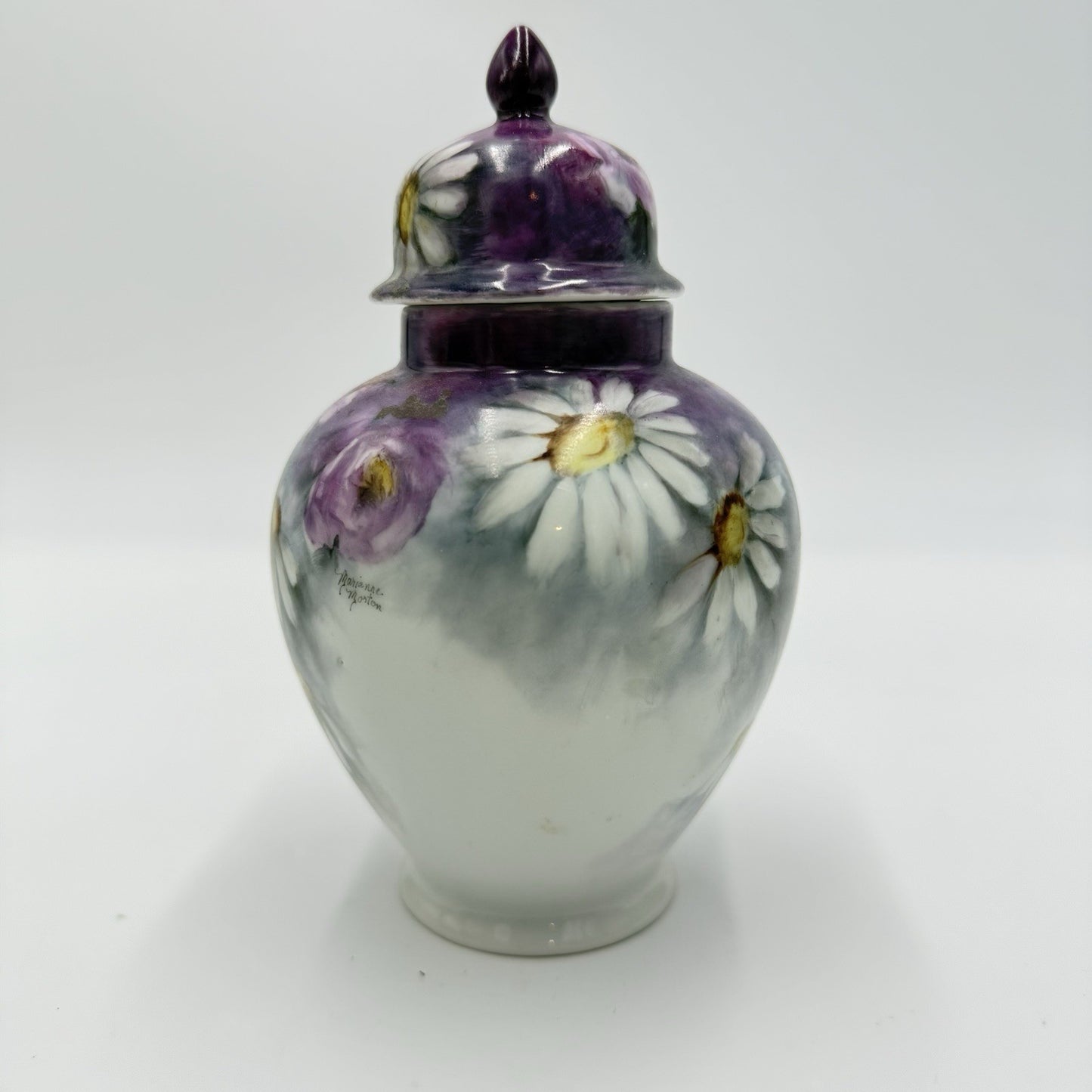 Vintage Porcelain Ginger Jar Hand Painted Signed Daisies By Marianne Morton 1983