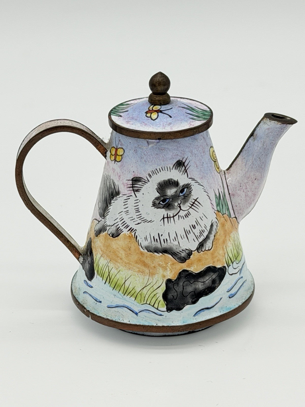 Vintage Kelvin Chen Enameled Hand Painted Cat Miniature Tea Pot 3.5”H Rare