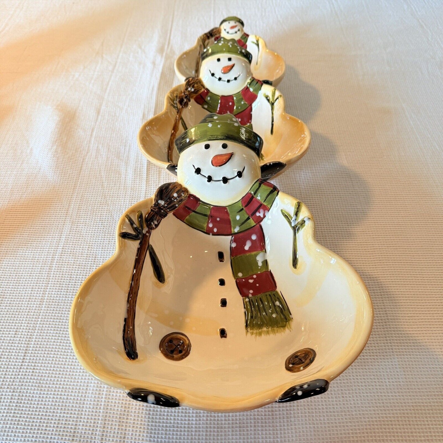 Dario Farrucci Serving Bowl Hand Painted 9” Snowman Family 3 Nesting Holiday Dec