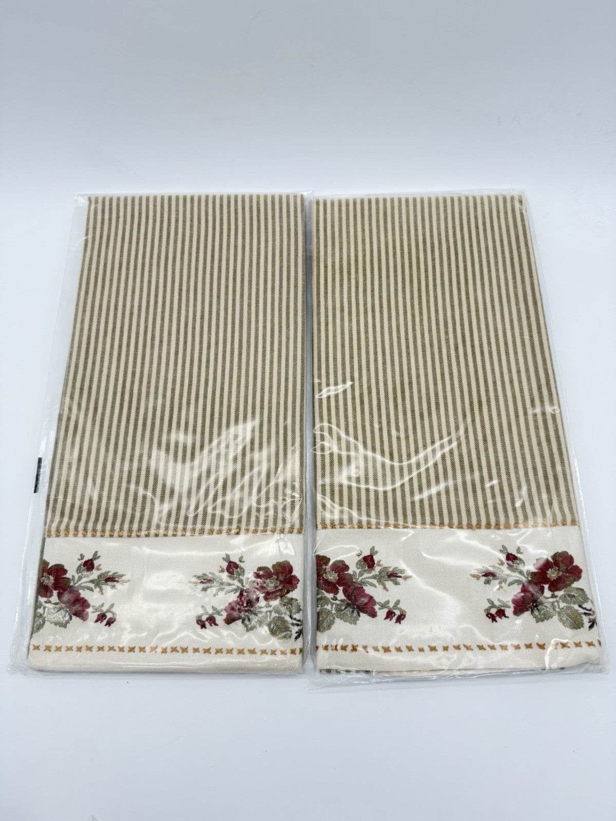 Pottery barn stripe embroidered floral kitchen towel Cotton Beige Flowers Set 2