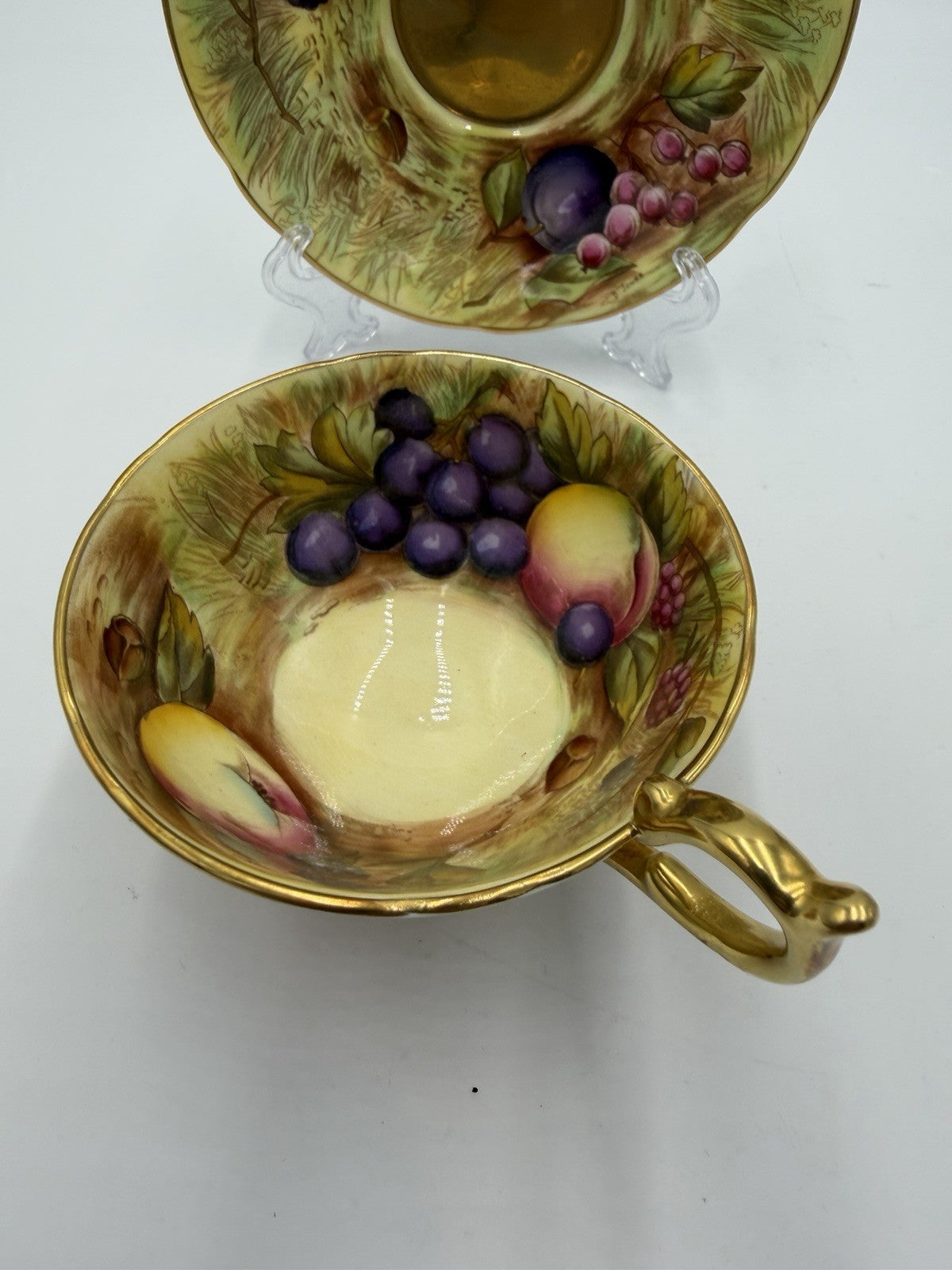 Aynsley England Porcelain Orchard Fruit Gold Teacup & Saucer Vintage Set Gold