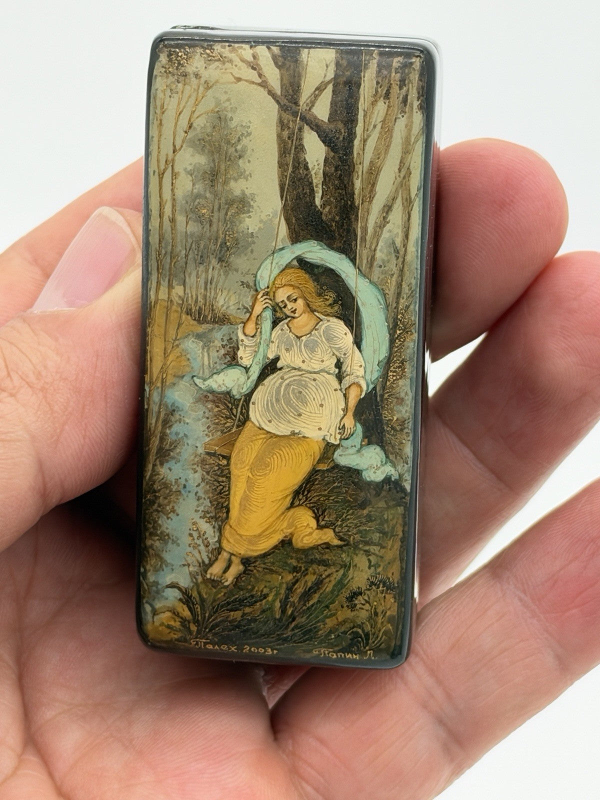 handpainted Russian lacquer miniature trinket box Palekh signed Lapin L Folk Art