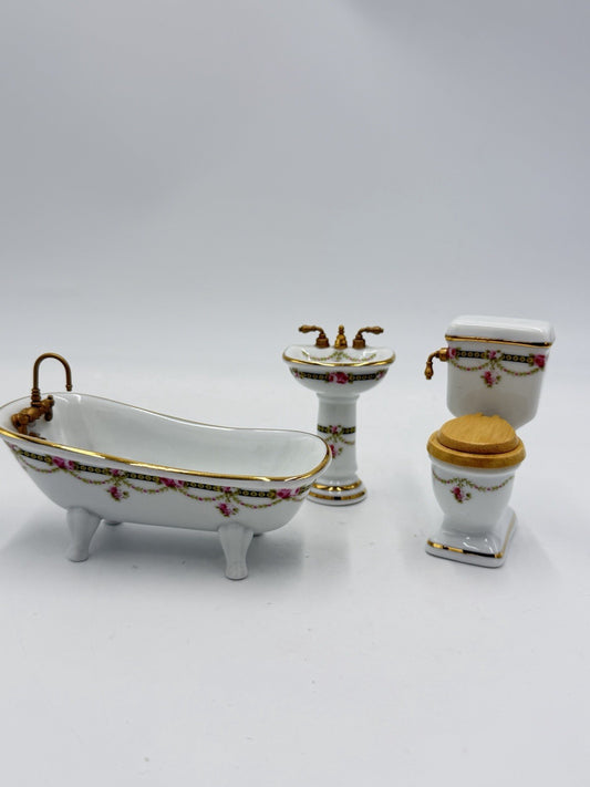 Reutter Germany Porcelain Floral Victorian Bathroom Set Dollhouse Miniature 1:12