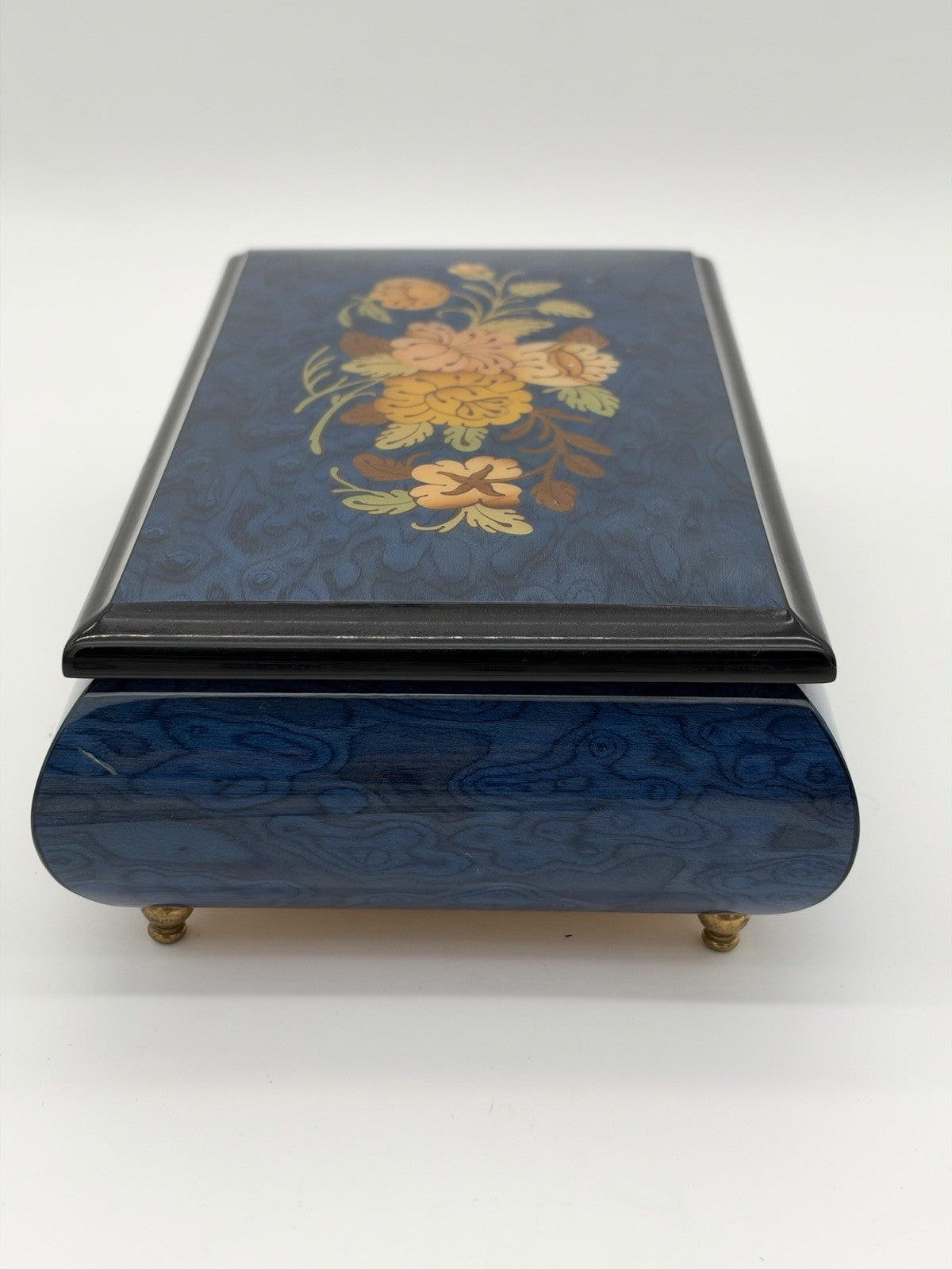 Sorrento Italy Blue Floral Inlay Wooden Music Box Plays Memorie Cats Works