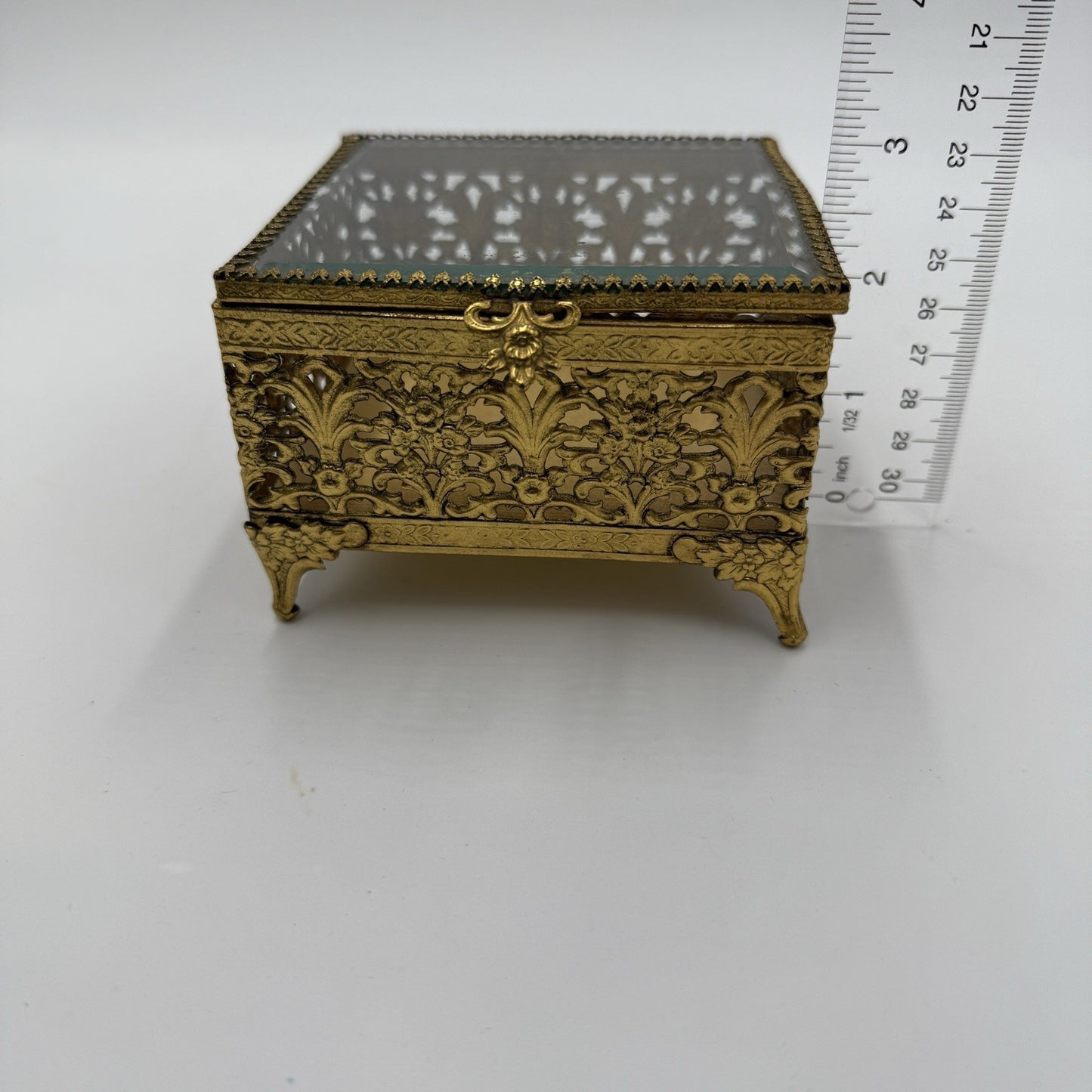Ormolu gold filigree jewelry casket with beveled glass Hollywood Regency Box