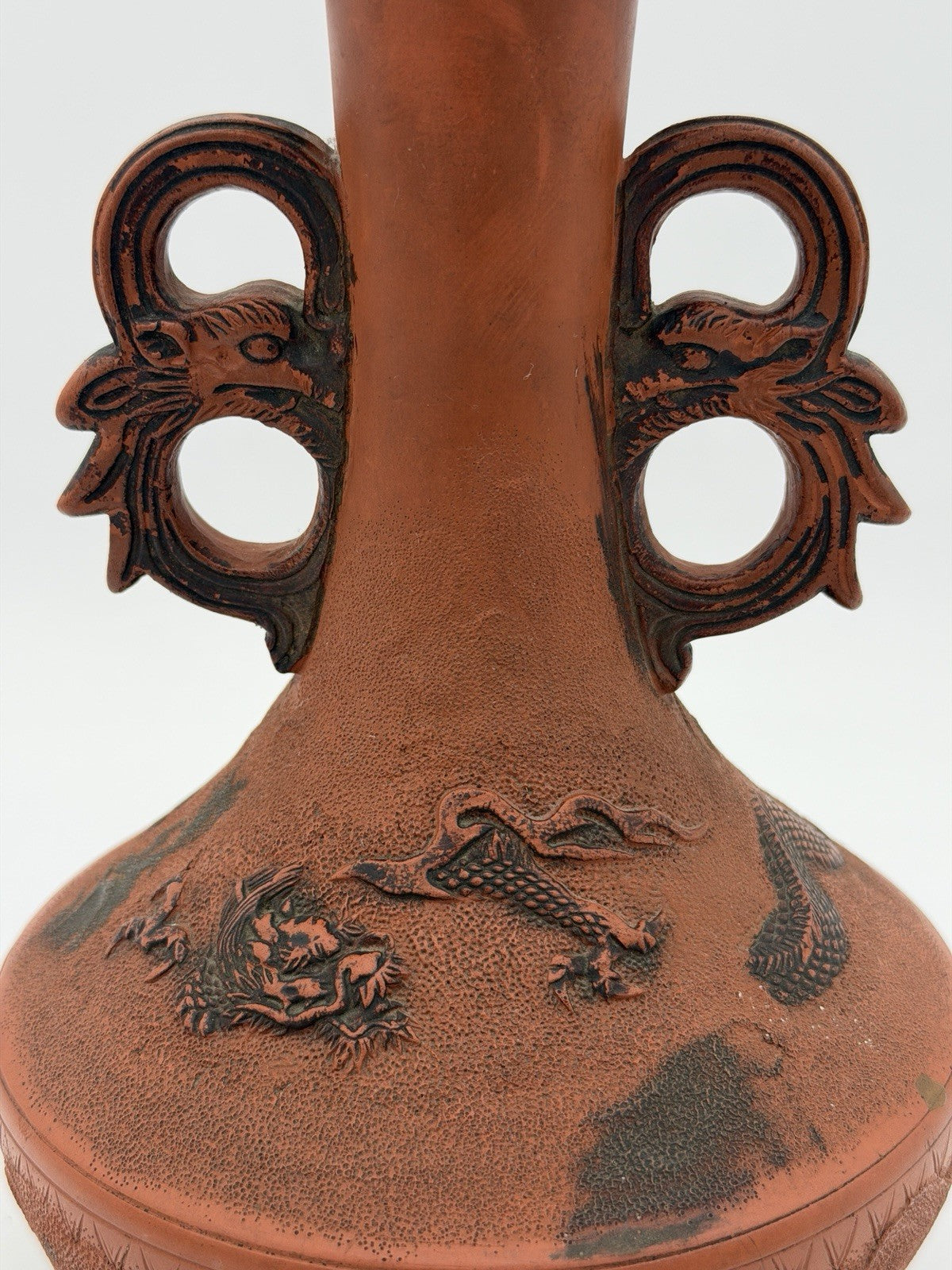 Antique Meiji Japanese Tokoname Terracota   Embossed Dragon Double Handle 10”H