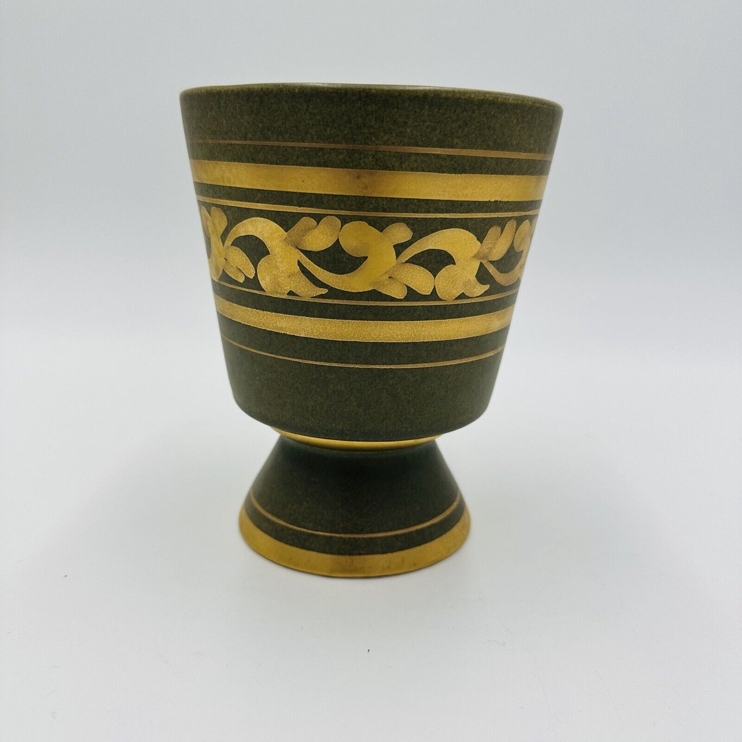 Vee Jackson Vase California Pottery Footed Planter Green Gold Trim MCM