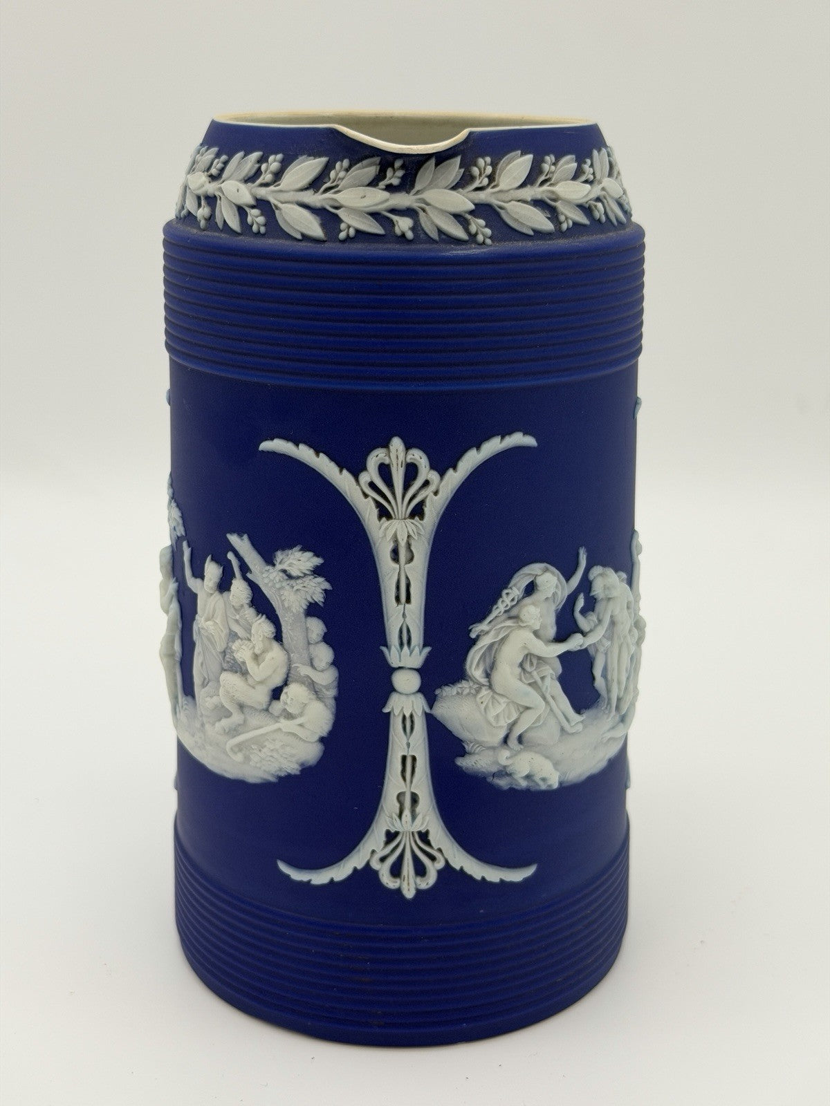 Antique Wedgwood Jasperware Dipped Blue Pitcher 7.5” Trojan Jug England Large