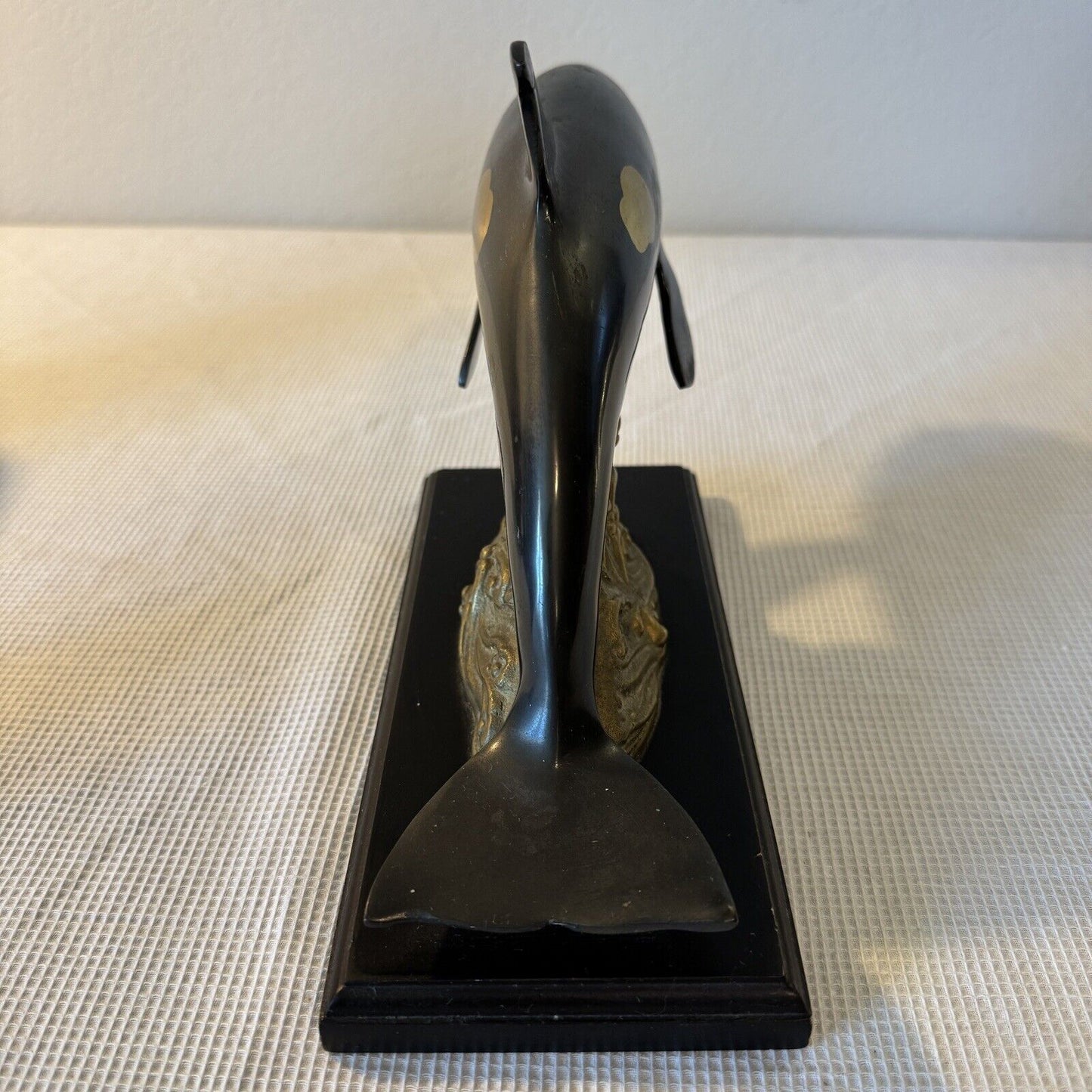 Orca Metal Sculpture No Marking Wooden Base Randy Puckett Style Not Original