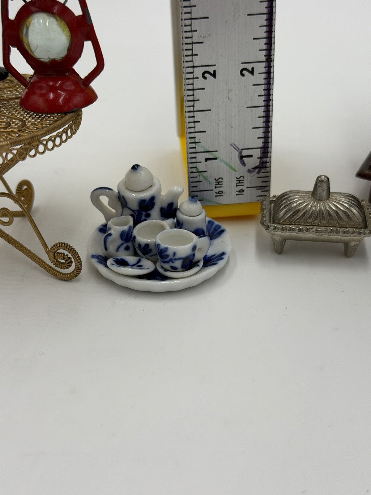 Vintage Dollhouse Furniture Miniature Lot Drawer Bible Clock Tea Set Table