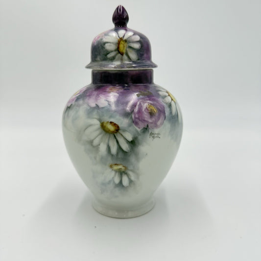 Vintage Porcelain Ginger Jar Hand Painted Signed Daisies By Marianne Morton 1983