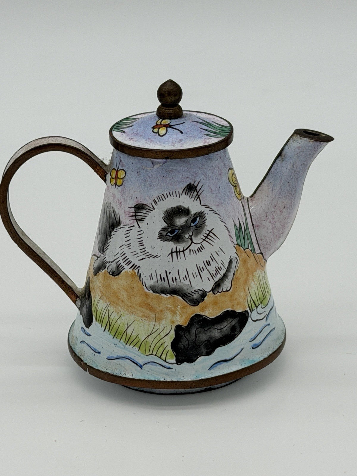 Vintage Kelvin Chen Enameled Hand Painted Cat Miniature Tea Pot 3.5”H Rare
