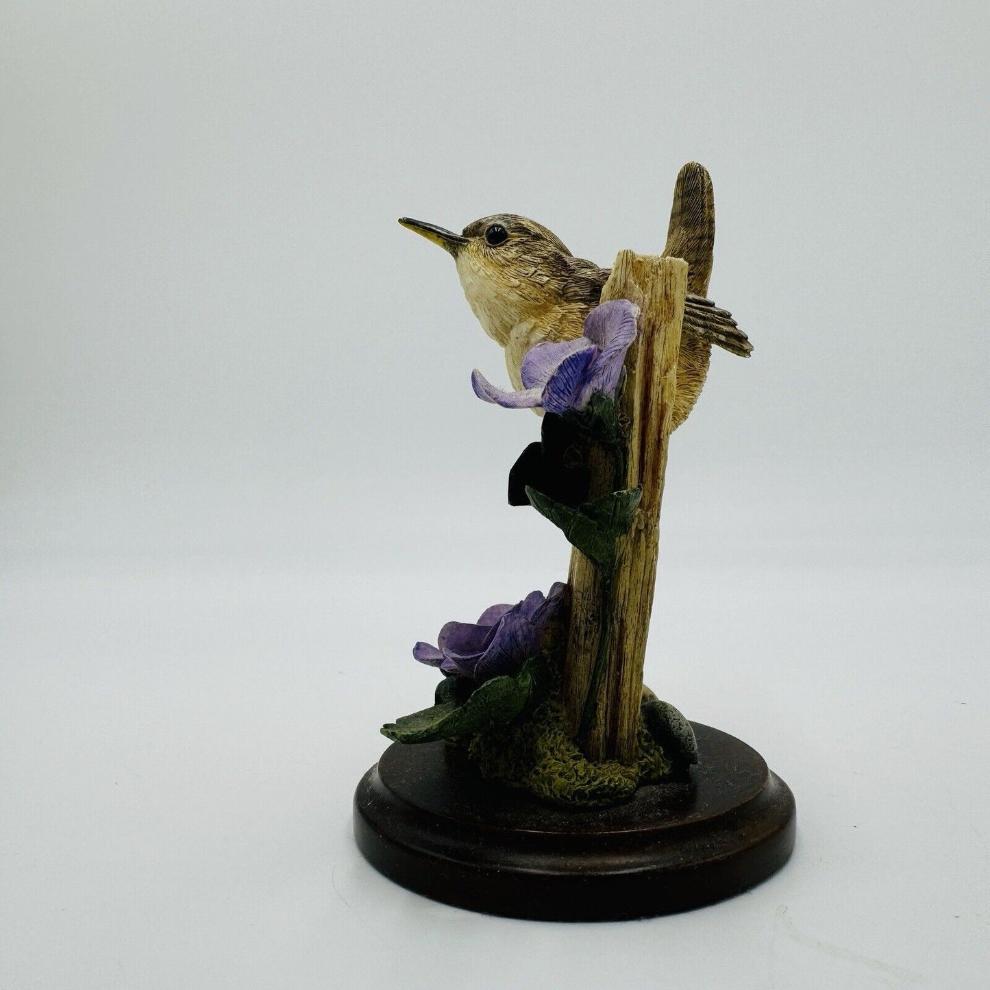 Country Artists Hand Painted House Wren w Violets Wood Base Figurine Vintage 4”