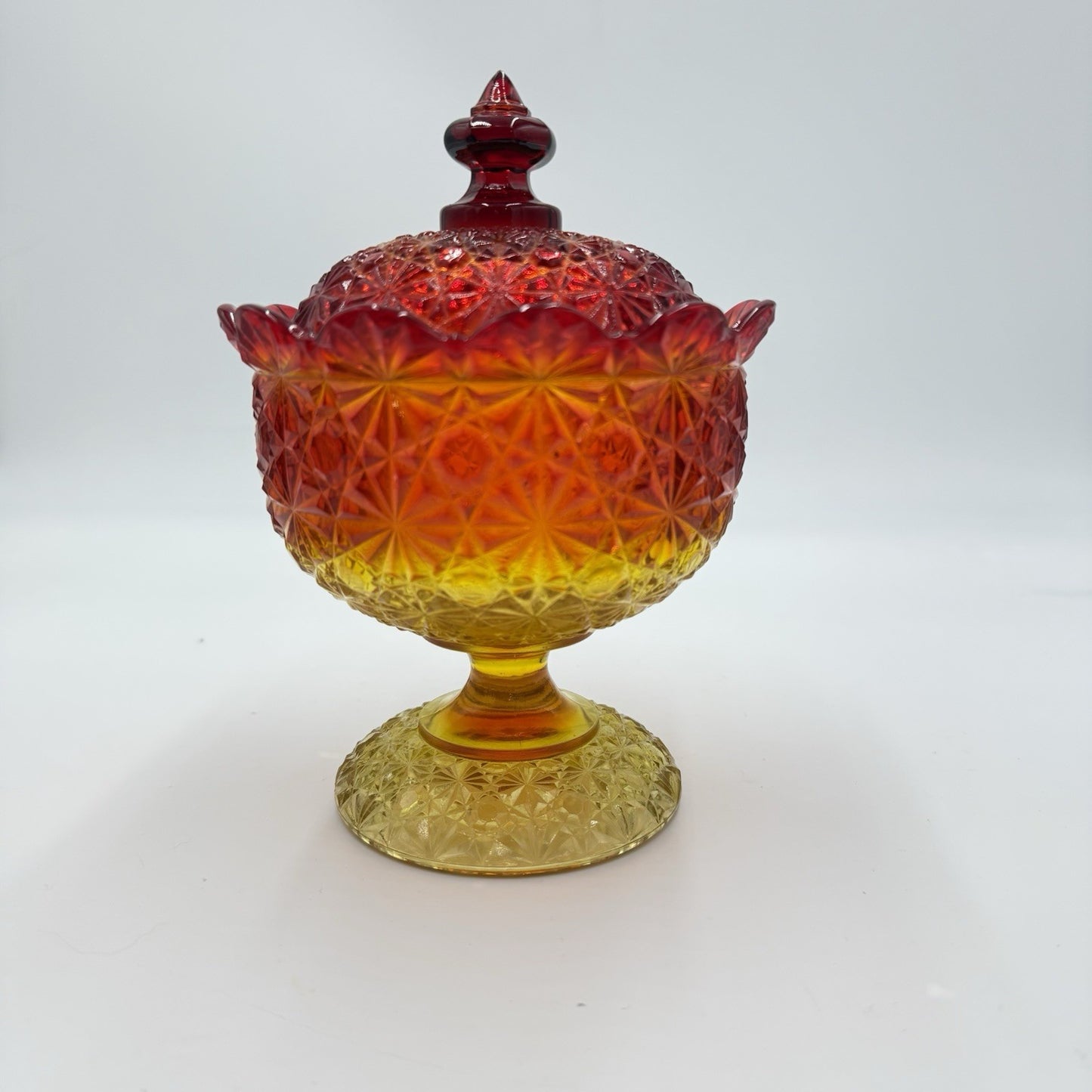 Vintage L.G Wright Daisy & Button Amberina  compote candy dish 7.5” Art Glass