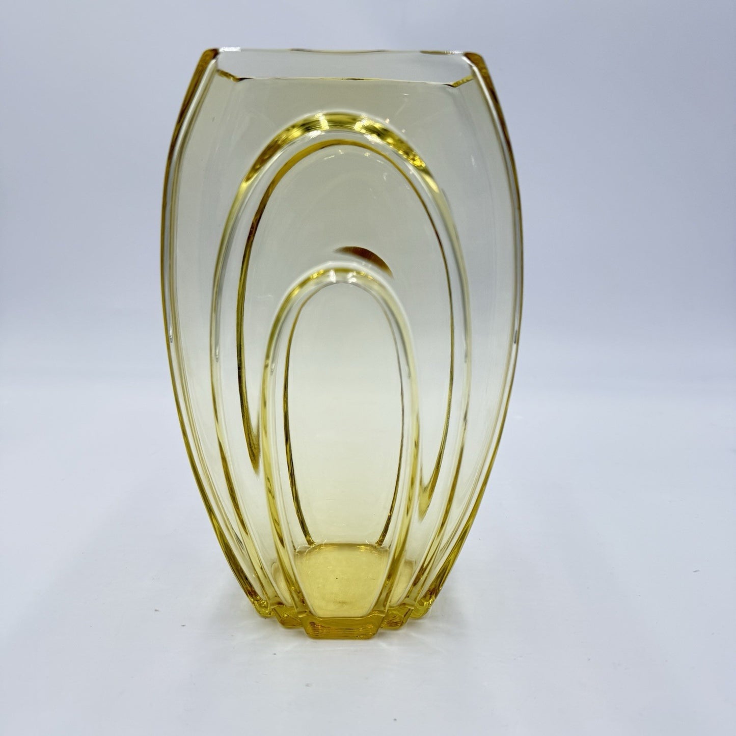 GEORGE SAKIER Fostoria Art Glass Amber Yellow MCM Vase 7.5” USA Rare