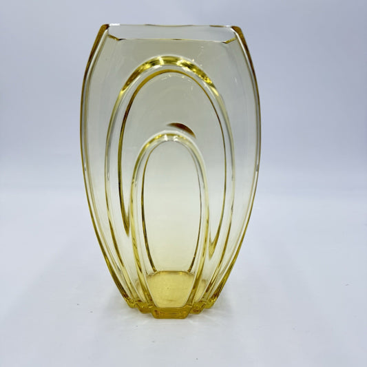 GEORGE SAKIER Fostoria Art Glass Amber Yellow MCM Vase 7.5” USA Rare
