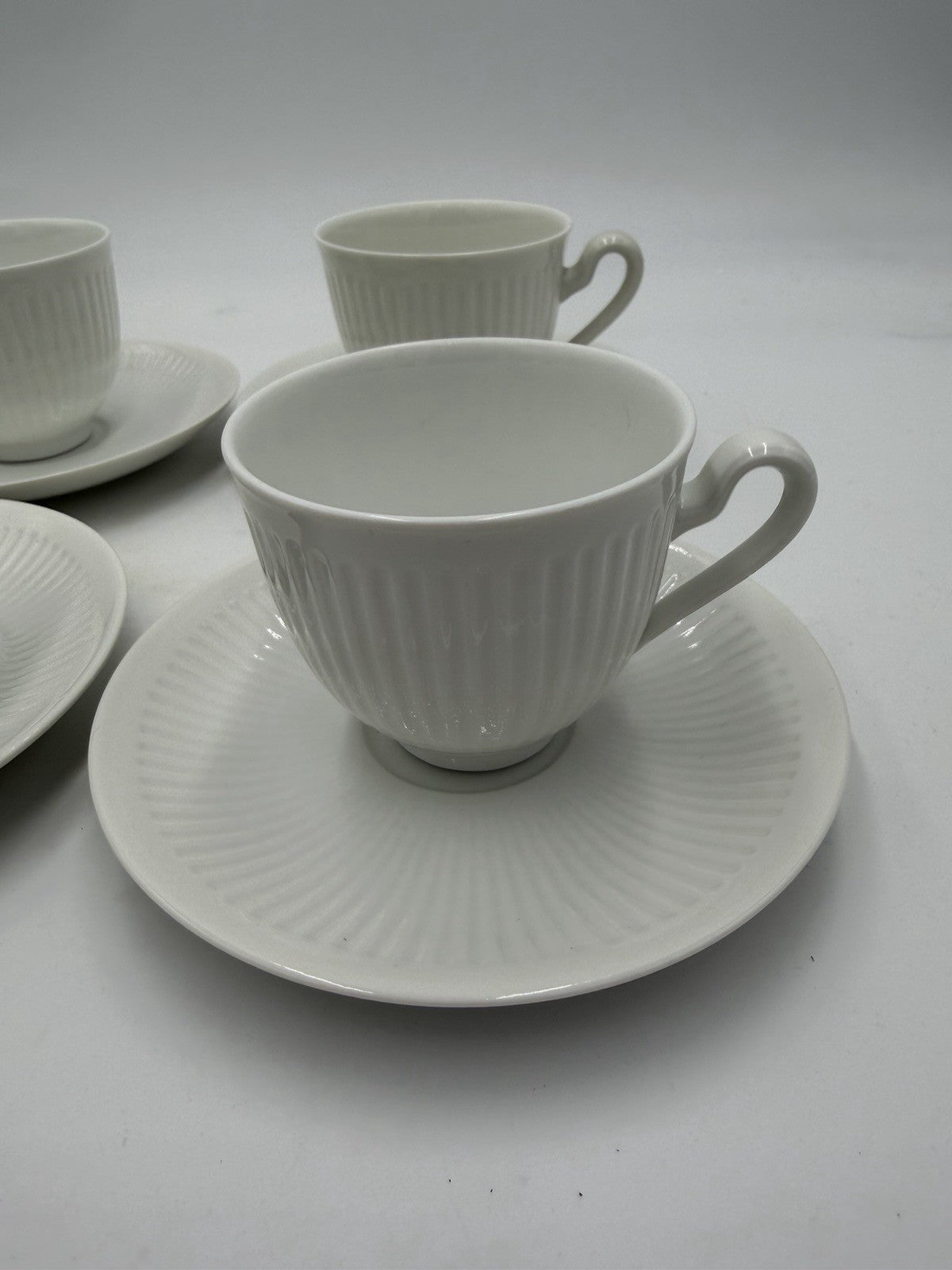 Royal Copenhagen Denmark White Georgiana Flat Demitasse Cups & Saucers 4 Sets