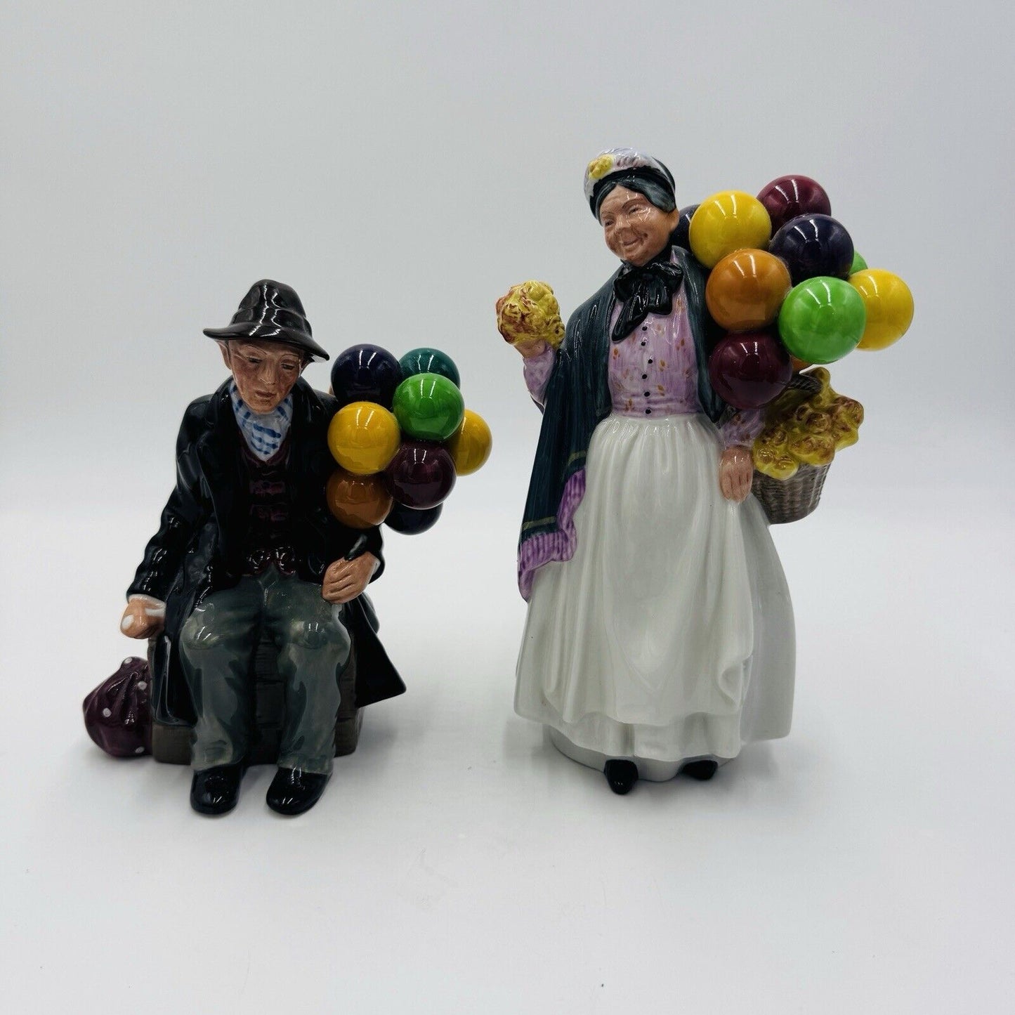 Vintage Royal Doulton England Porcelain Ballon Man & Biddy Pennyfarthing Figures