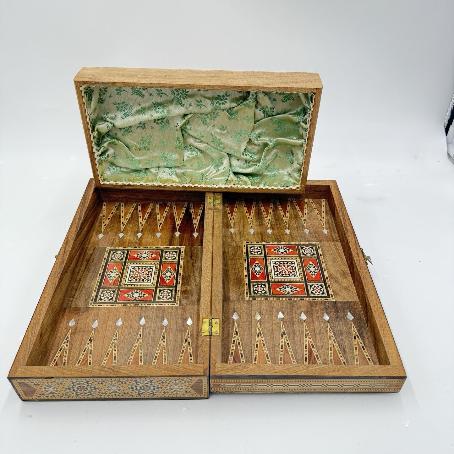 1950 Middle East Marquetry Mosaic Wood Inlaid Pearl Box Backgammon Inside