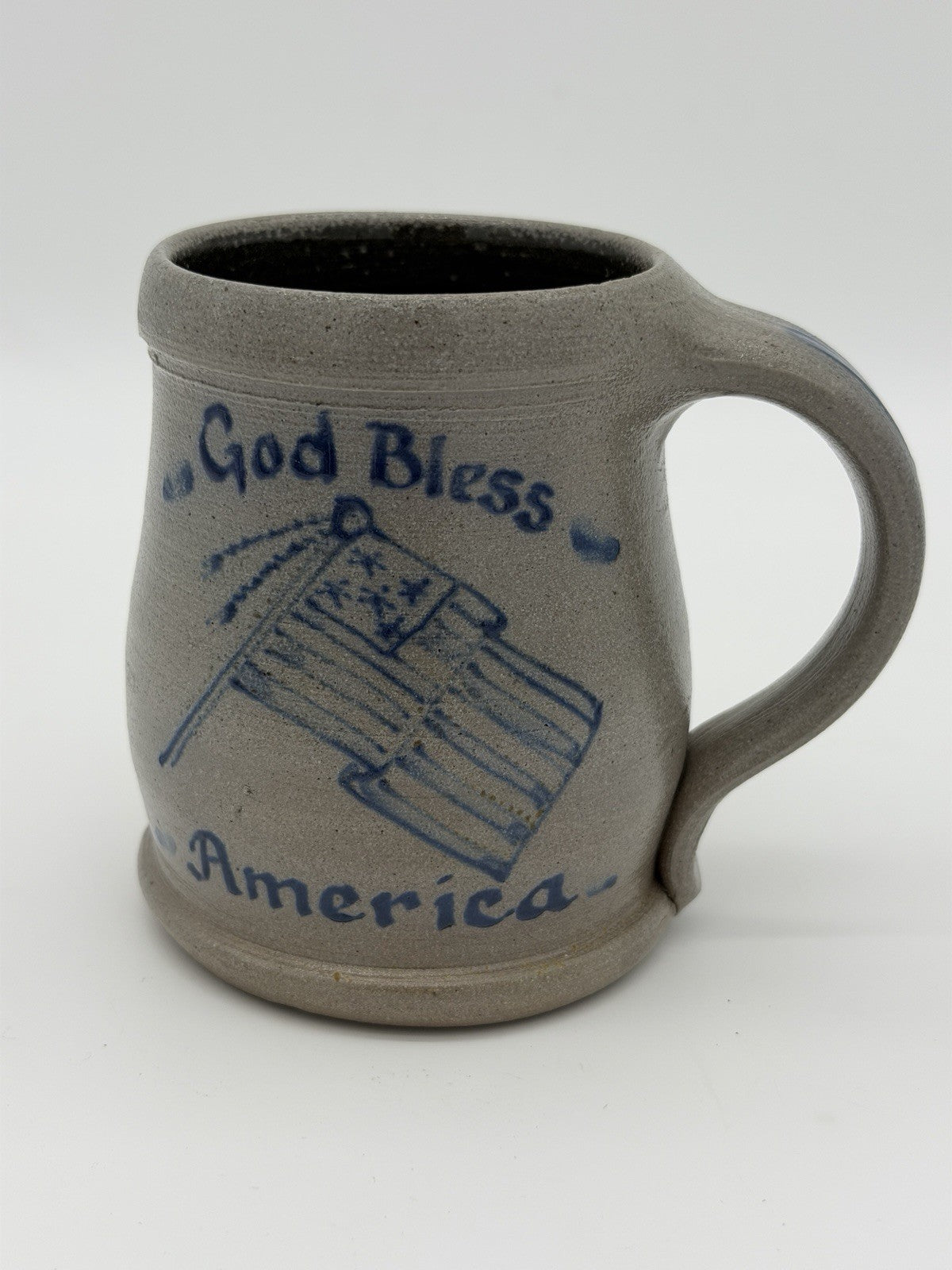 Rowe Pottery Salt Glazed God Bless America Coffee Mug American Flag Patriotic
