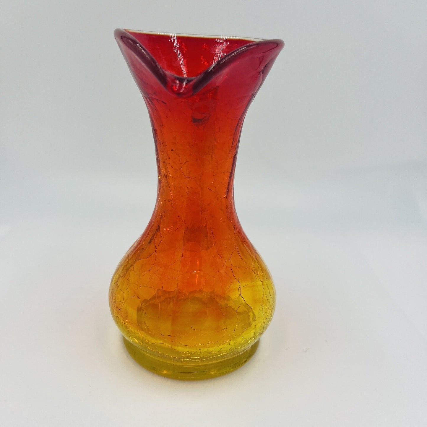 Pitcher Vase Crackle Glass Amberina Hand Blown Art Mini Vintage Red Yellow