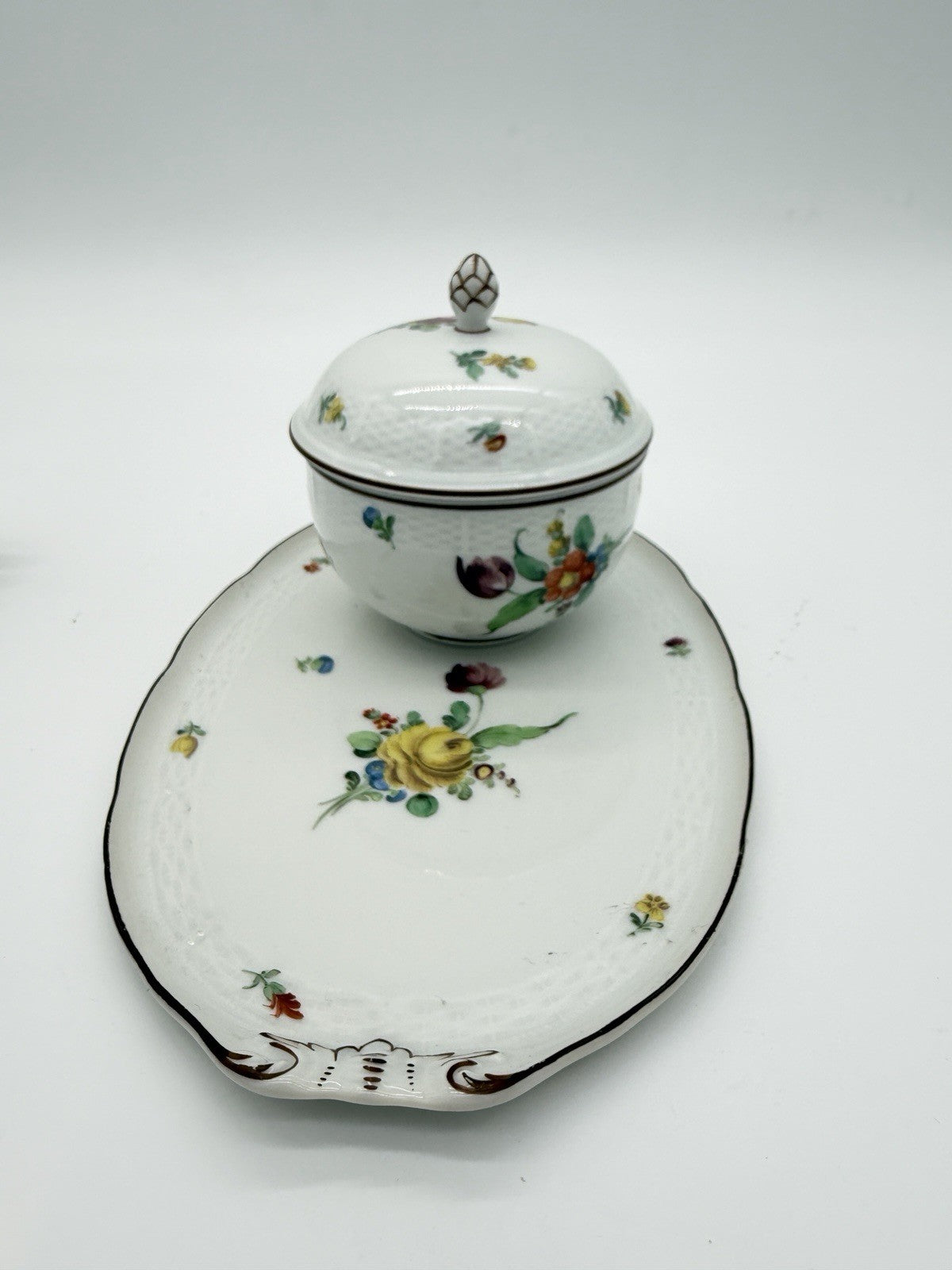 Antique Nymphenburg Porcelain Floral Sugar Bowl & Tray Basket Weave Set 2 PCs